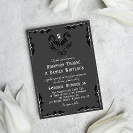 Convite Casamento Fantasia Monograma de Dragão Preto Cinza