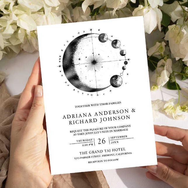 Convite Casamento Fases da Lua Crescente Preto Branco Cele (Criador carregado)