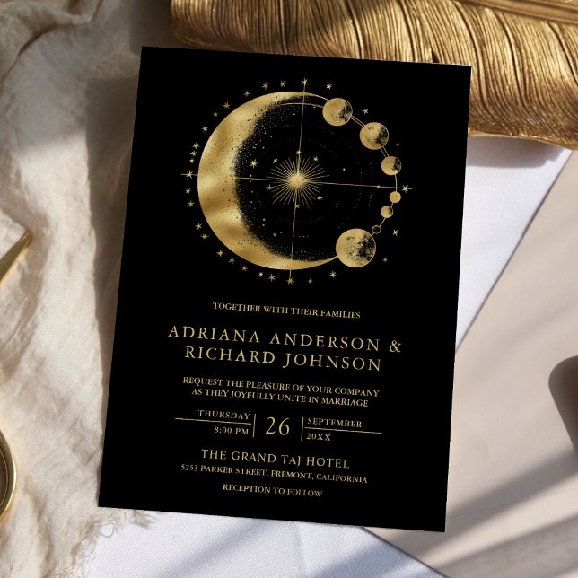 Convite Casamento Fases da Lua Crescente Preto Celestial D (Criador carregado)