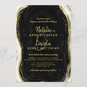 Convite Casamento Fatia de Ágata Geodo Preto Branco & Ouro