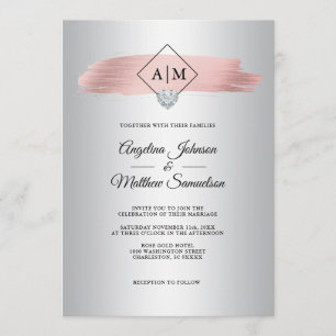 Convite Casamento Faux Dusty Rosa Gold Foil Silver Monogra