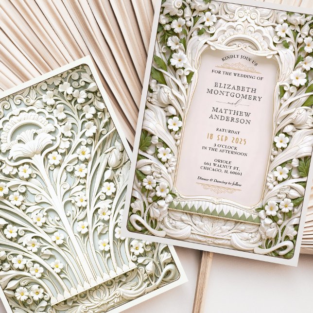 Convite Casamento Faux Sculpted Ivory Blooms (Criador carregado)