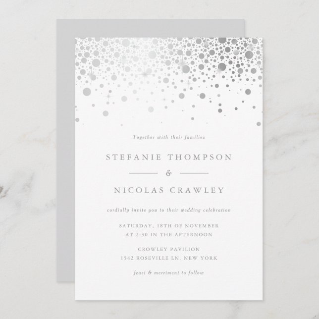 Convite Casamento Faux Silver Foil Confetti Dots (Frente/Verso)