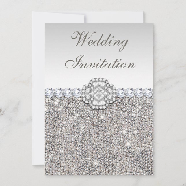 Convite Casamento Faux Silver Sequins and Diamond Images (Frente)