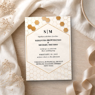 Convite Casamento favo de mel dourado bege