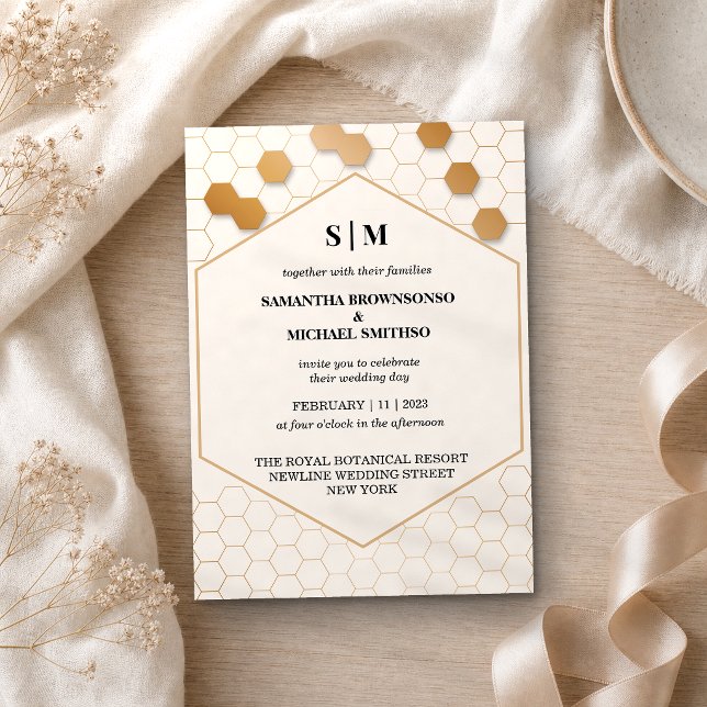 Convite Casamento favo de mel dourado bege (Criador carregado)