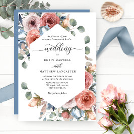 Convite Casamento Feliz Floral Dusty Azul e Blush