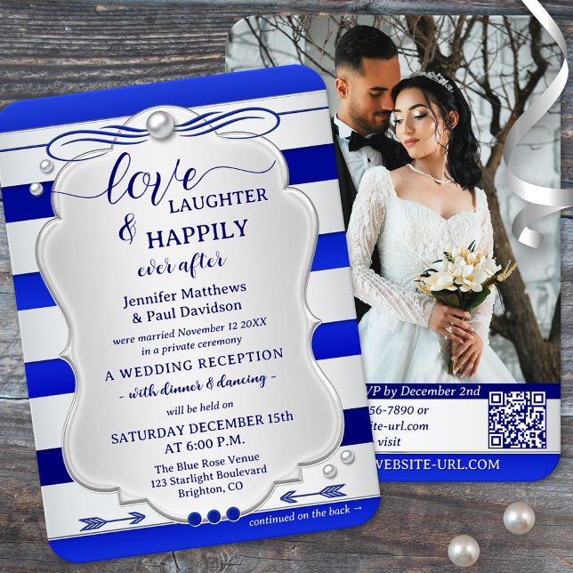 Convite Casamento Feliz para Sempre com Listras Azuis e Pr (Happily ever after wedding party invitation featuring a silver and navy blue stripe with photo + QR)