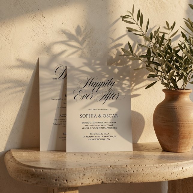 Convite Casamento Feliz Para Sempre Elegante Bege (Criador carregado)
