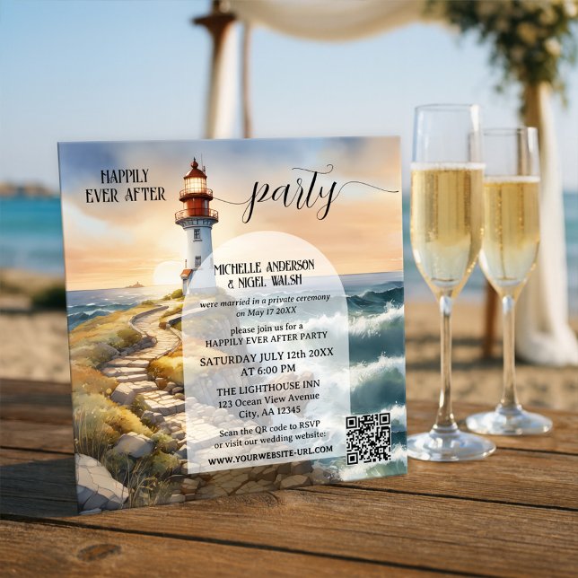 Convite Casamento Feliz para Sempre no Farol Costeiro (Watercolor happily ever after wedding invitation featuring a lighthouse at sunset - with QR code)