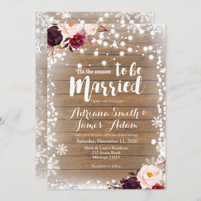 Convite Casamento Feriado de Marsala Winter Snowflakes (Frente/Verso)