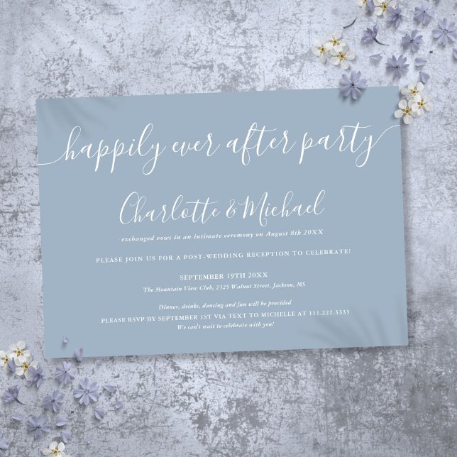 Convite Casamento Festa de Depois Feliz para Sempre Azul E (Dusty Blue Happily Ever After Party Wedding Invitation)