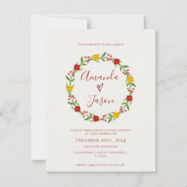 Convite Casamento Festivo de Natal Wreath Red Green Floral