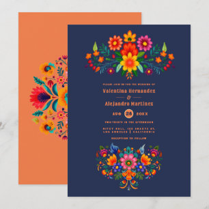 Convite Casamento Fiesta de Arte Popular Midnight Blue & P