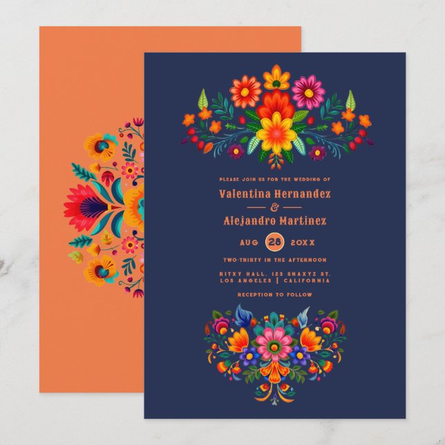 Convite Casamento Fiesta de Arte Popular Midnight Blue & P (Frente/Verso)