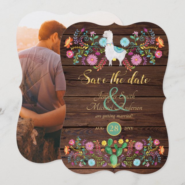 Convite Casamento Fiesta Save The Date Llama Folk Flores (Frente/Verso)
