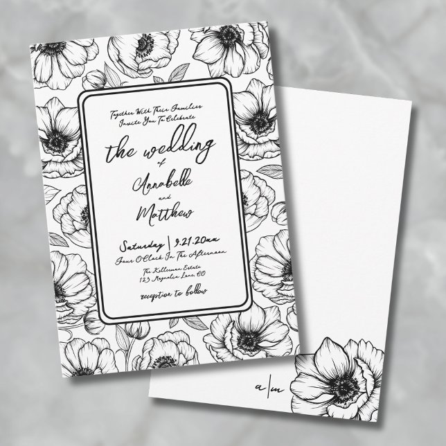 Convite Casamento Físico Branco Desenhado à Mão (Floral Hand Drawn Whimsical Wedding Invitation)