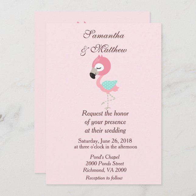 Convite Casamento Flamingo Rosa Kawaii (Frente/Verso)