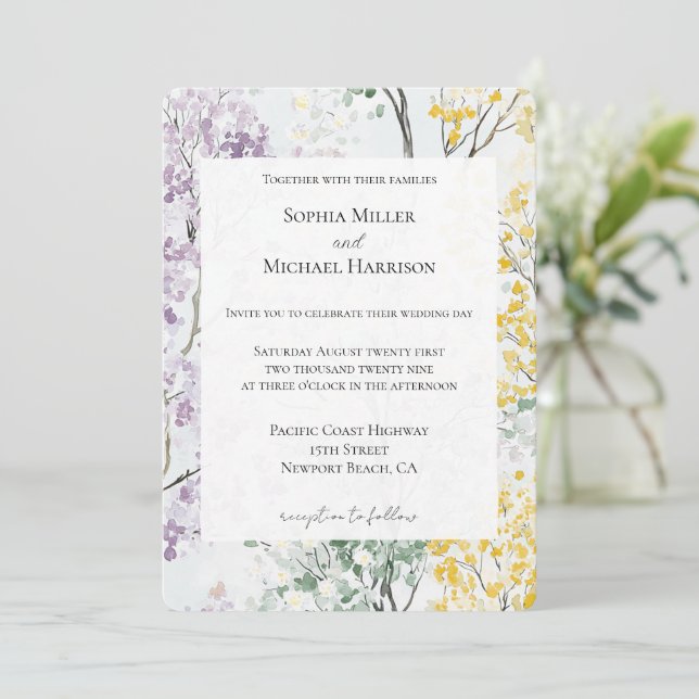 Convite Casamento Flor Amarela Verde Lavanda Roxa (Em pé/Frente)