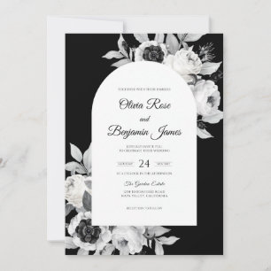 Convite Casamento Flor Bloom Preto Branco Moderno