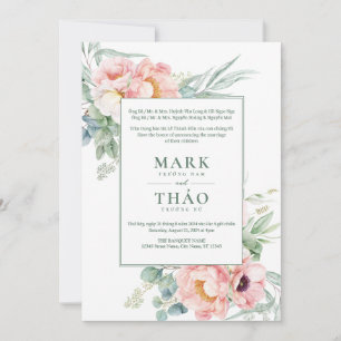 Convite Casamento Flor Branca Rosa Vietnamita Bilingue