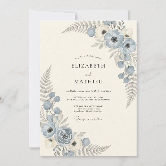 Convite Casamento Flor Celeste Azul Empoeirado (Frente)