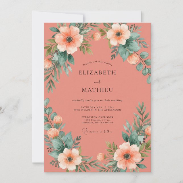 Convite Casamento Flor Coral Delicada (Frente)
