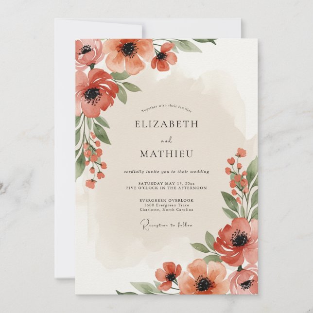 Convite Casamento Flor Coral Verdejante (Frente)