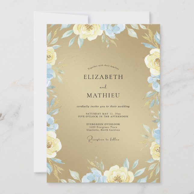 Convite Casamento Flor de Açúcar Azure Dourado (Frente)