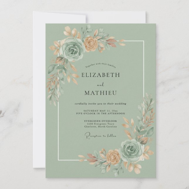 Convite Casamento Flor de Água Celadon (Frente)