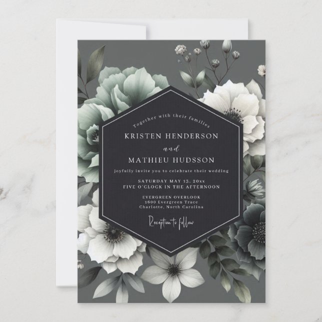 Convite Casamento Flor de Alabastro Carvão (Frente)