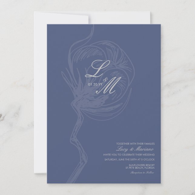 Convite Casamento Flor de Algodão com Elegante Roteiro Mon (Frente)