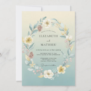 Convite Casamento Flor de Amarelo Pálido e Azul Turquesa