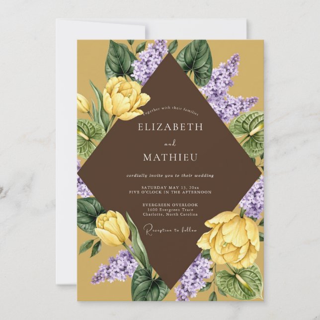 Convite Casamento Flor de Amarelo Roxo (Frente)