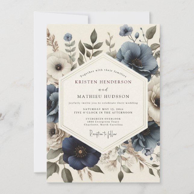 Convite Casamento Flor de Antiga Cor Azul-ardósia (Frente)