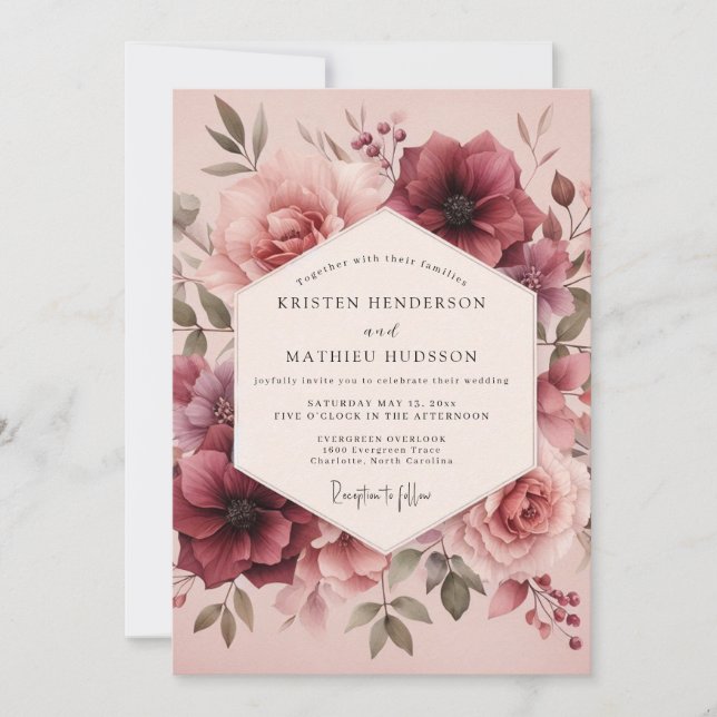 Convite Casamento Flor de Aquarela Borgonha (Frente)