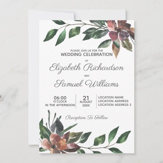Convite Casamento Flor de Aquarela de Borgonha de Outono (Frente)