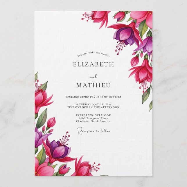 Convite Casamento Flor de Aquarela Fúcsia (Frente)