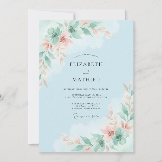 Convite Casamento Flor de Ar Azeitona Celeste (Frente)