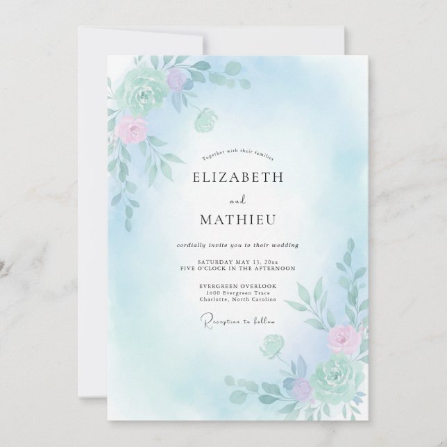 Convite Casamento Flor de Azul Celeste Sereno (Frente)