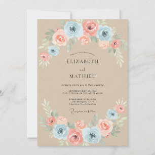 Convite Casamento Flor de Azul Claro e Pêssego Pintado