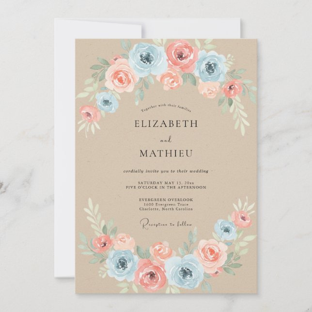 Convite Casamento Flor de Azul Claro e Pêssego Pintado (Frente)