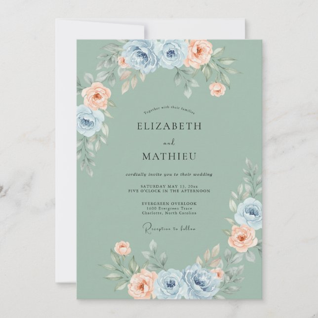 Convite Casamento Flor de Azul Desbotado Pastel (Frente)