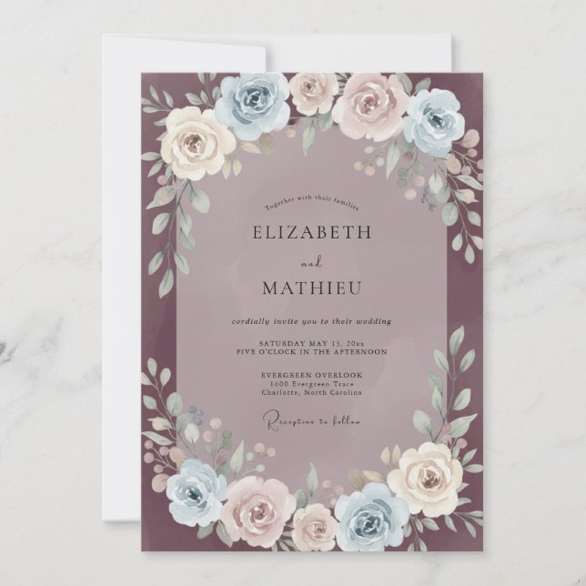 Convite Casamento Flor de Azul Desbotado Pastel (Frente)