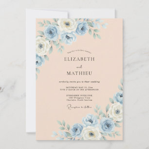 Convite Casamento Flor de Azul Desbotado Pintado