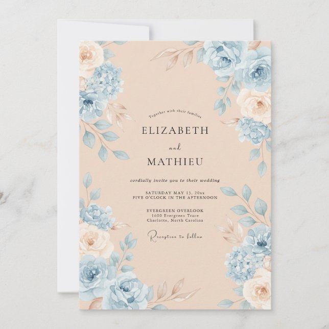 Convite Casamento Flor de Azul Empoeirado (Frente)