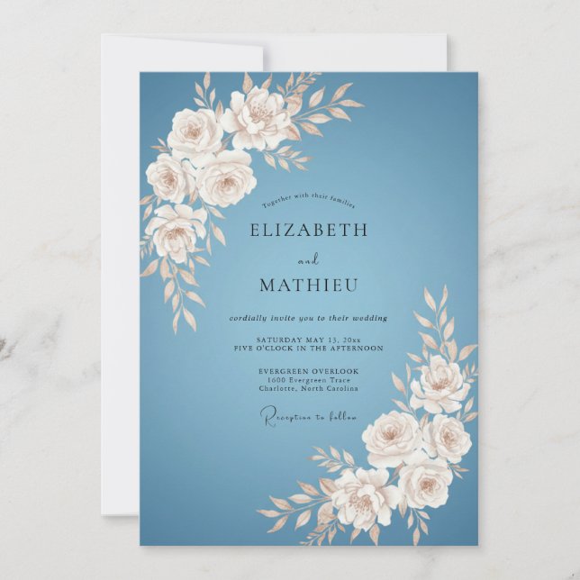 Convite Casamento Flor de Azul Empoeirado (Frente)