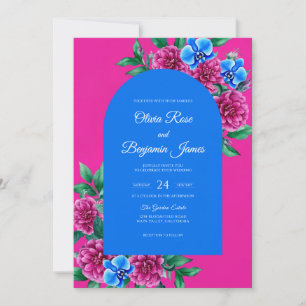 Convite Casamento Flor de Azul Magenta Delicada