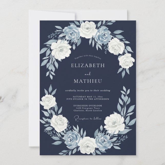 Convite Casamento Flor de Azul Marinho (Frente)