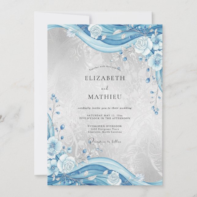 Convite Casamento Flor de Azure Prata (Frente)
